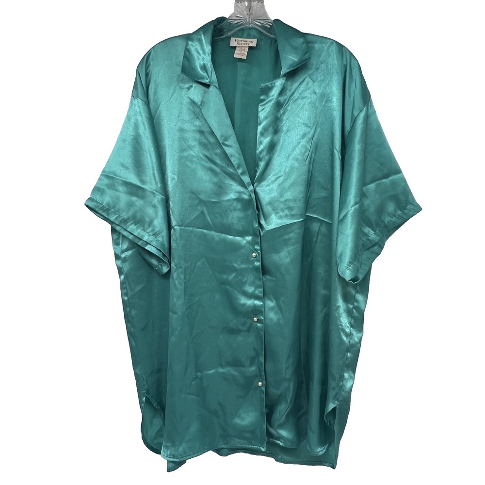 VICTORIA'S SECRET Vintage Gold Label Sz M Aqua Green Nightgown Satin Sleep Shirt